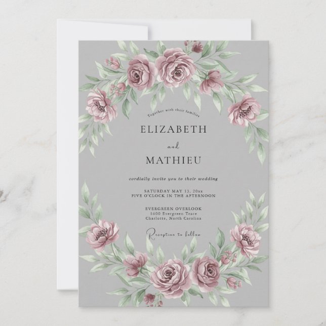 Invitación Boda Romántica de Acuarela Gris Malva (Anverso)