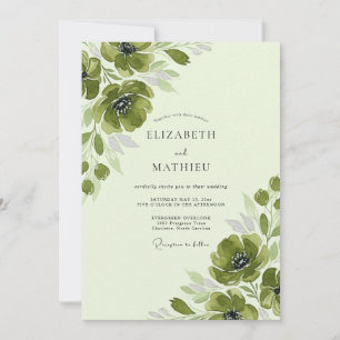 Invitación Boda Romántica de Anémonas Verdes Musgo de Primave