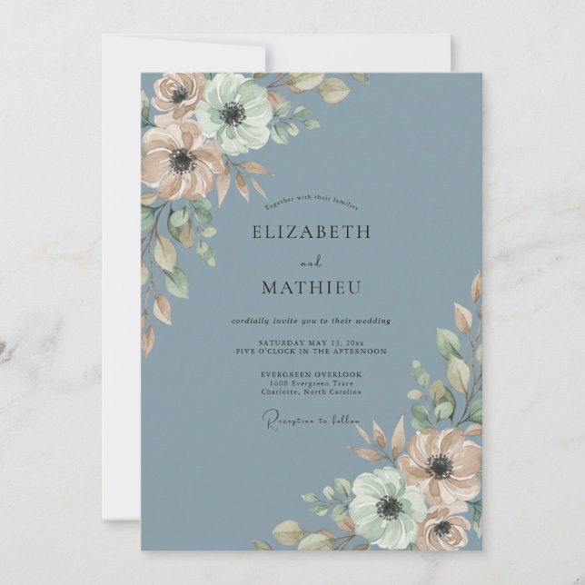 Invitación Boda Romántica de Azul Pizarra Verde (Anverso)