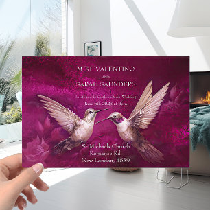 Invitación Boda Romántica de Colibríes Magenta y Blanco
