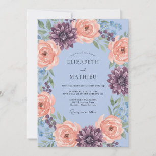 Invitación Boda Romántica de Dahlia Azul Polvoriento