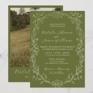 Invitación Boda Romántica de Dinero Antiguo con Floral Verde