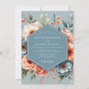 Invitación Boda Romántica de Durazno Azul Acero