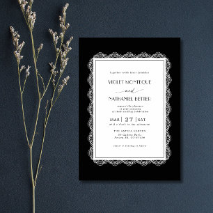 Invitación Boda Romántica de Encaje Blanco y Negro Old Money