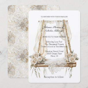 Invitación Boda Romántica de Encaje de Crema Flor de Rosa Col