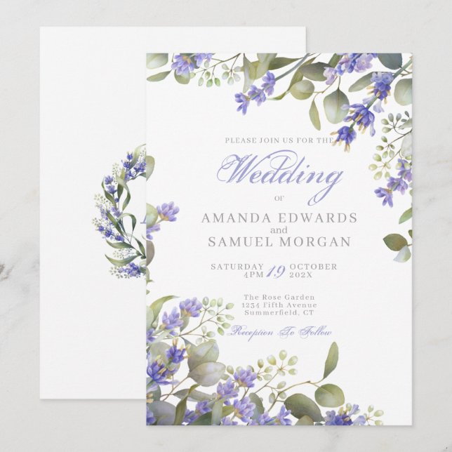 Invitación Boda Romántica de Eucalipto y Lavanda (Anverso / Reverso)