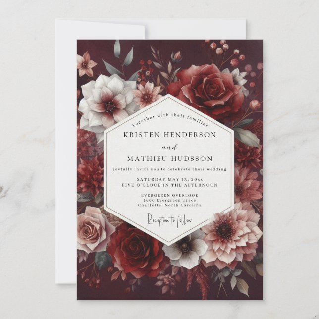 Invitación Boda Romántica de Flor Burgundy Profunda (Anverso)