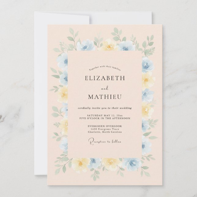 Invitación Boda Romántica de Flor de Azul Pálido (Anverso)