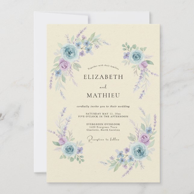 Invitación Boda Romántica de Flor de Azul Pálido (Anverso)