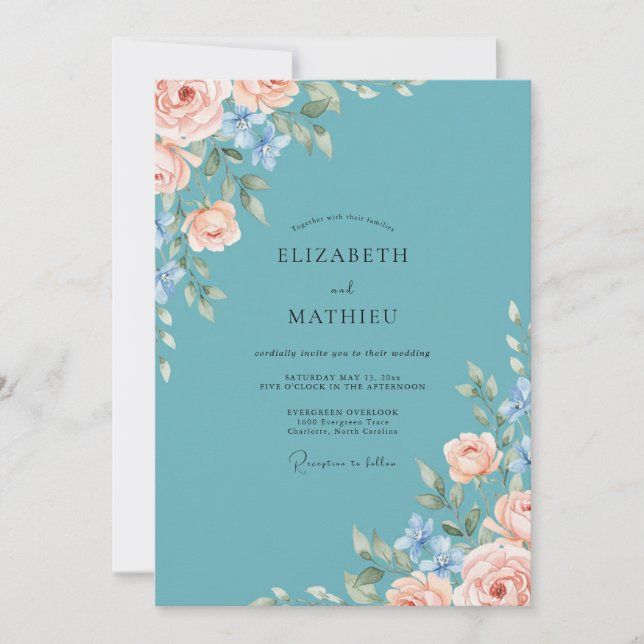Invitación Boda Romántica de Flor de Blossom Suave Teal (Anverso)