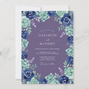 Invitación Boda Romántica de Flor de Cerezo Azul Marino
