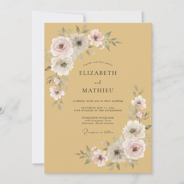 Invitación Boda Romántica de Flor de Ochre Suave (Anverso)