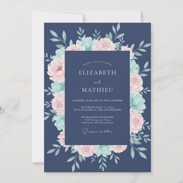 Invitación Boda Romántica de Flor de Peonía de Marina (Anverso)