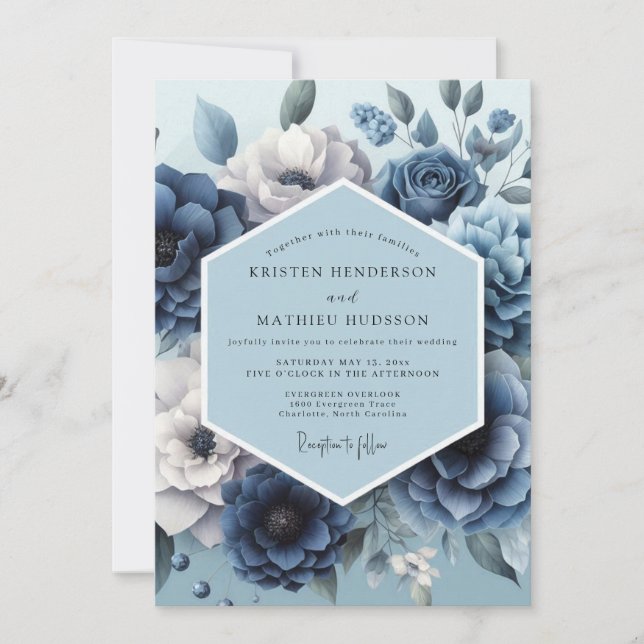 Invitación Boda romántica de flora azul polvorienta (Anverso)