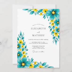 Invitación Boda Romántica de Floración Amarilla Turquesa