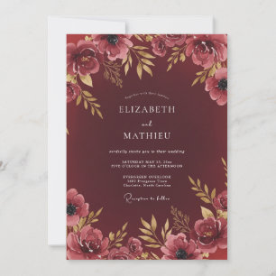 Invitación Boda Romántica de Floral Acuarela Granate