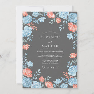 Invitación Boda Romántica de Floral Azul Coral