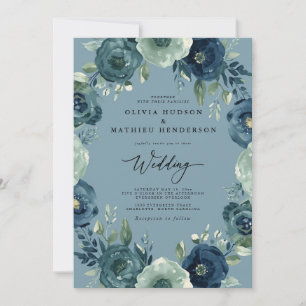 Invitación Boda Romántica de Floral Azul Profundo