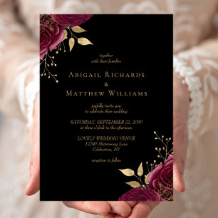 Invitación Boda Romántica de Floral Burgundy y Dorado sobre N