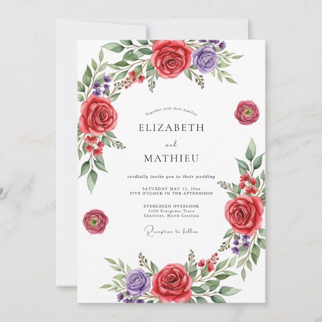 Invitación Boda Romántica de Floral Rojo (Anverso)