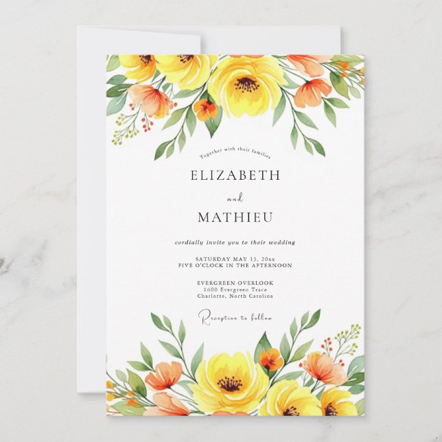 Invitación Boda Romántica de Florales Amarillas (Anverso)
