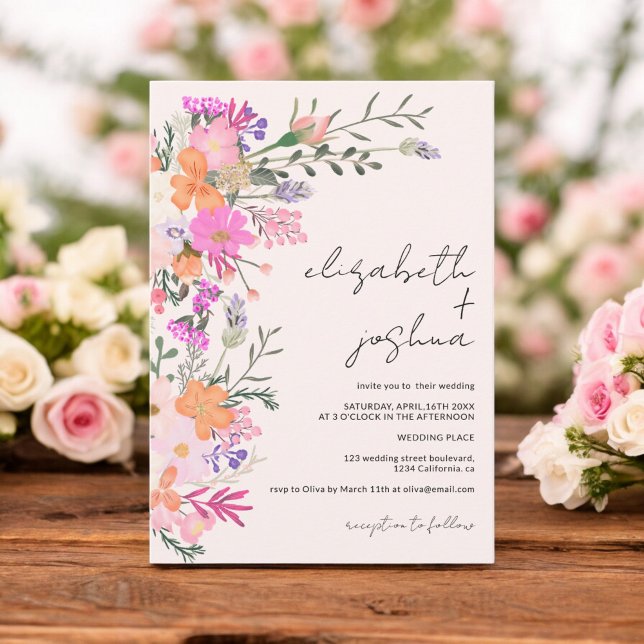 Invitación Boda romántica de flores silvestres pastel (Romantic pastel wild flowers spring wedding invitation)