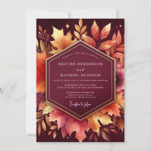 Invitación Boda Romántica de Foliaje de Otoño Borgoña