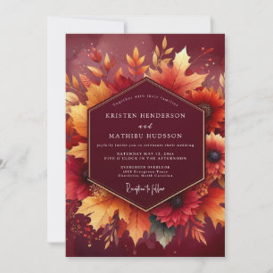 Invitación Boda Romántica de Follaje Otoñal Borgoña