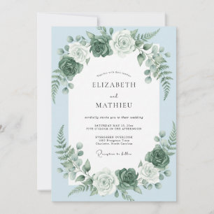 Invitación Boda Romántica de Guirnalda Floral Azul Celeste