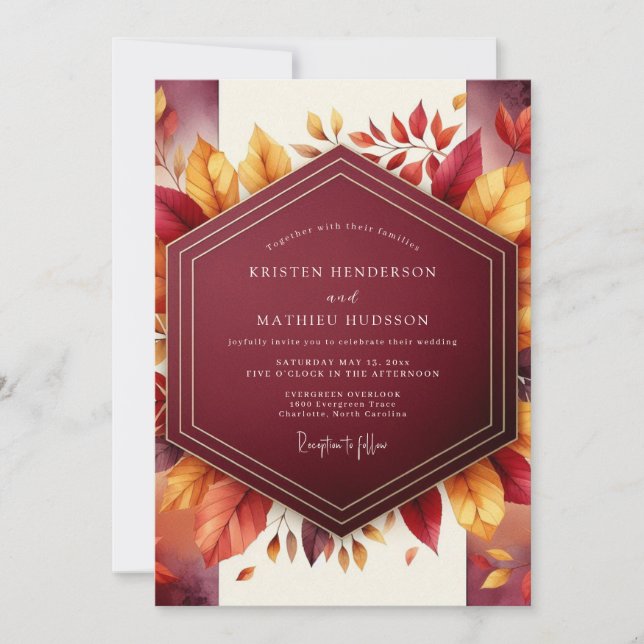 Invitación Boda Romántica de Hoja de Borgoña (Anverso)