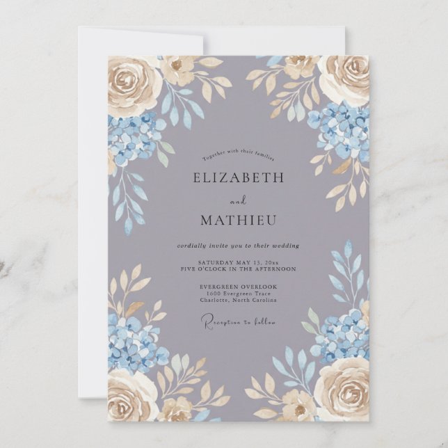 Invitación Boda Romántica de Hortensias Grises Periwinkle (Anverso)