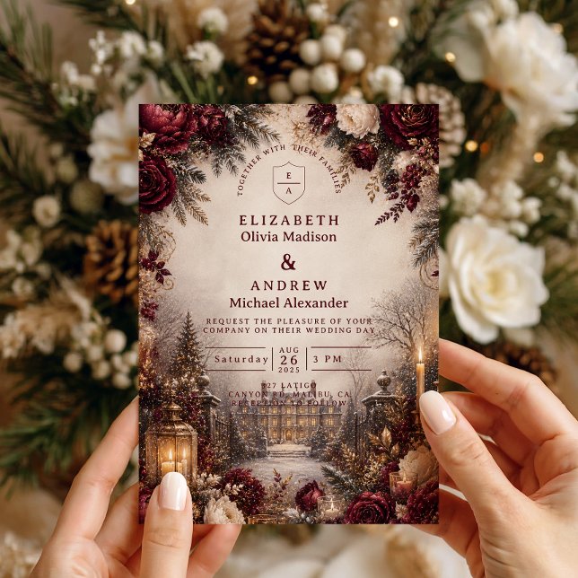 Invitación Boda romántica de invierno en burgundy (Subido por el creador)