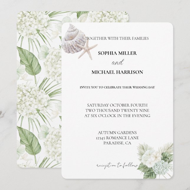 Invitación Boda romántica de la playa de las flores de hidran (Anverso / Reverso)