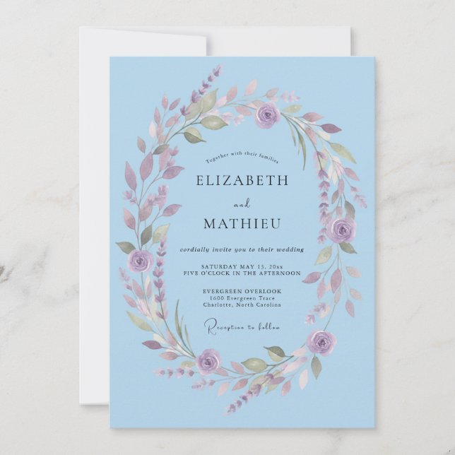 Invitación Boda Romántica de Laurel Azul Celeste (Anverso)