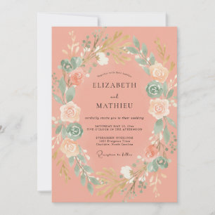 Invitación Boda Romántica de Laurel Botánico Coral