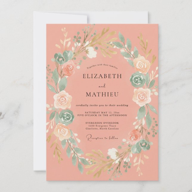 Invitación Boda Romántica de Laurel Botánico Coral (Anverso)