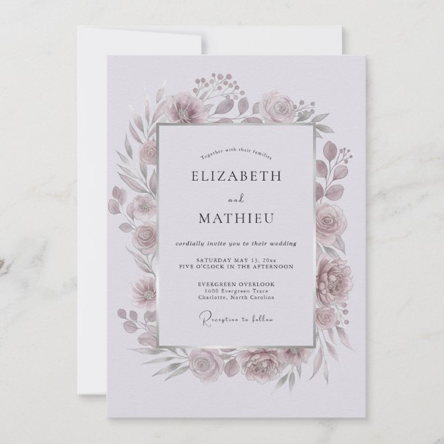 Invitación Boda Romántica de Laurel Floral Malva (Anverso)
