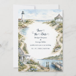 Invitación Boda romántica de Nueva Inglaterra con faro coster