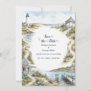 Invitación Boda romántica de Nueva Inglaterra con faro coster