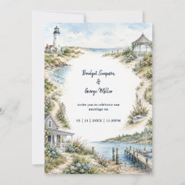 Invitación Boda romántica de Nueva Inglaterra con faro coster