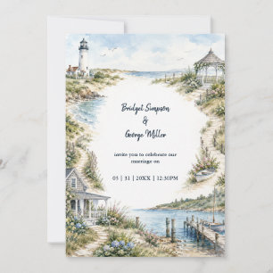 Invitación Boda romántica de Nueva Inglaterra con faro coster