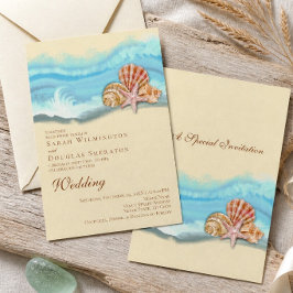 Invitación Boda Romántica de Olas del Océano Azul y Conchas d