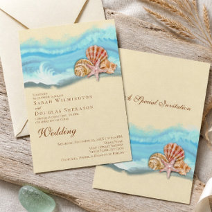 Invitación Boda Romántica de Olas del Océano Azul y Conchas d