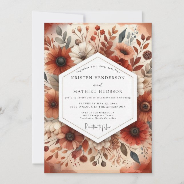 Invitación Boda Romántica de Otoño Botánico Ámbar (Anverso)