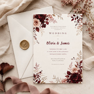 Invitación Boda Romántica de Otoño con Burgundy Profundo