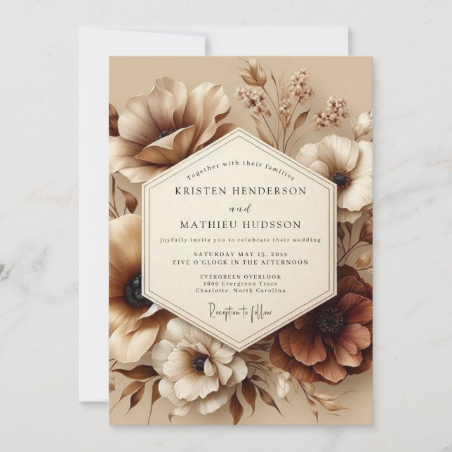 Invitación Boda Romántica de Otoño con Flor de Sepia (Anverso)