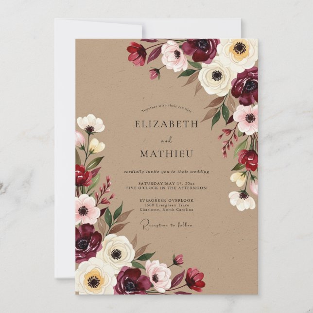Invitación Boda Romántica de Otoño con Floral Borgoña (Anverso)