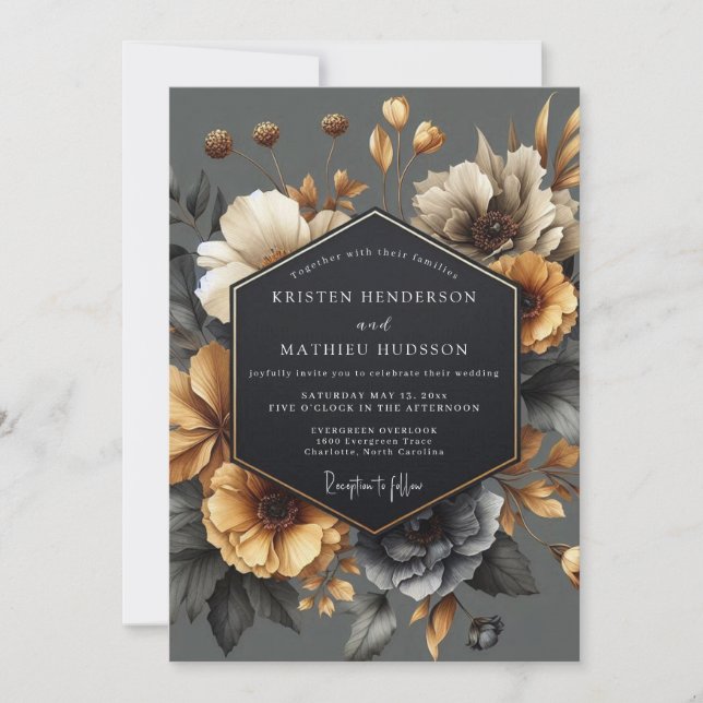 Invitación Boda Romántica de Otoño con Floral Gris (Anverso)