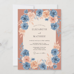 Invitación Boda Romántica de Otoño en Terracota Azul