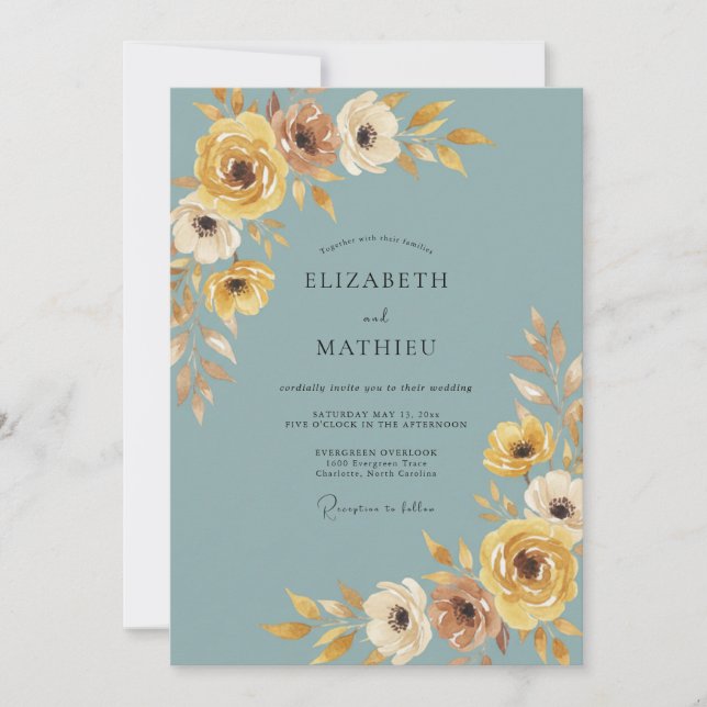 Invitación Boda Romántica de Otoño Floral Turquesa (Anverso)